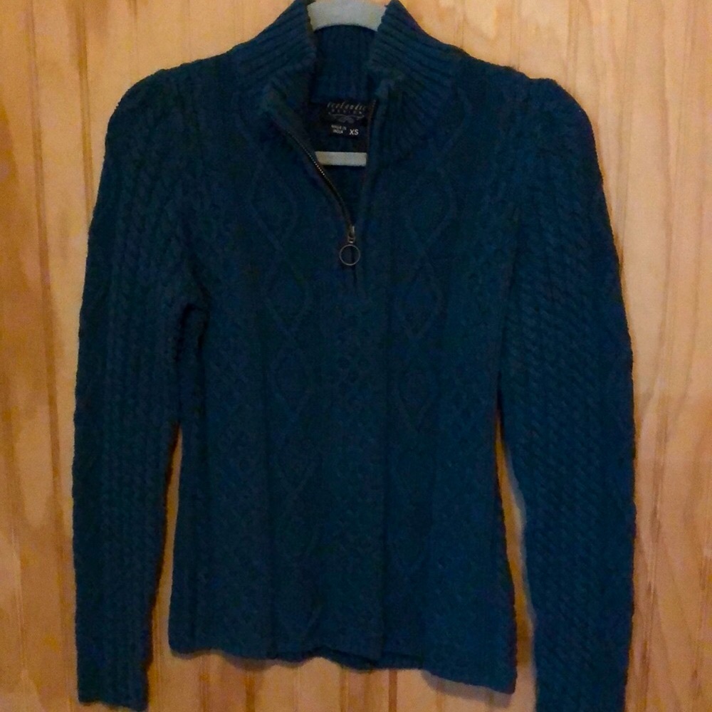 Blue 1/4 Zip Sweater with Classic Cable Knit Design